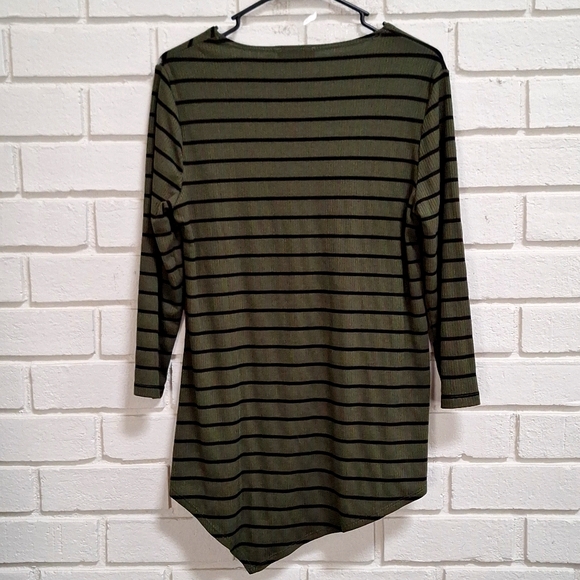 Slinky Brand Olive Striped Asymmetrical Bottom Top. Size Medium NWOT - Picture 5 of 7